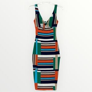 NEW Main Strip Womens Dress BodyCon Multicolor Sleeveless Midi Lined Colorblock